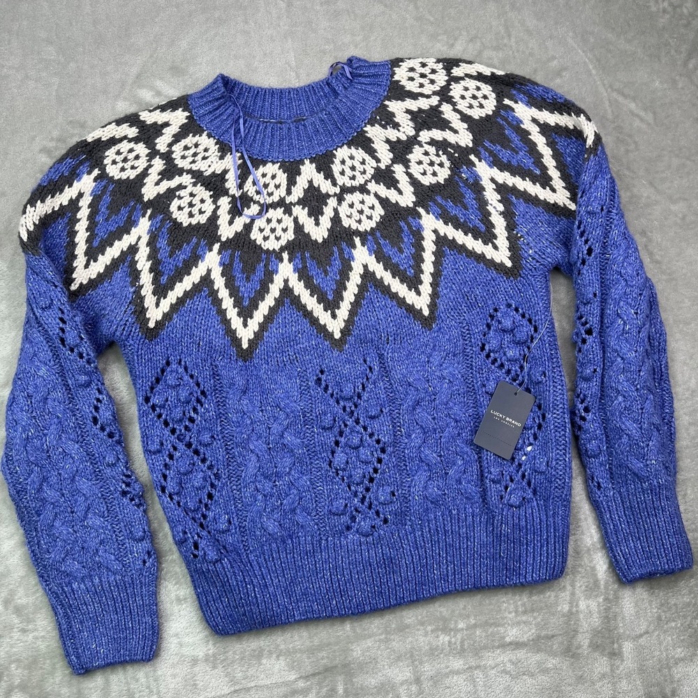 Lucky Brand Fair Isle Knit Crewneck Sweater Womens Small 3D Wings Long Sleeve